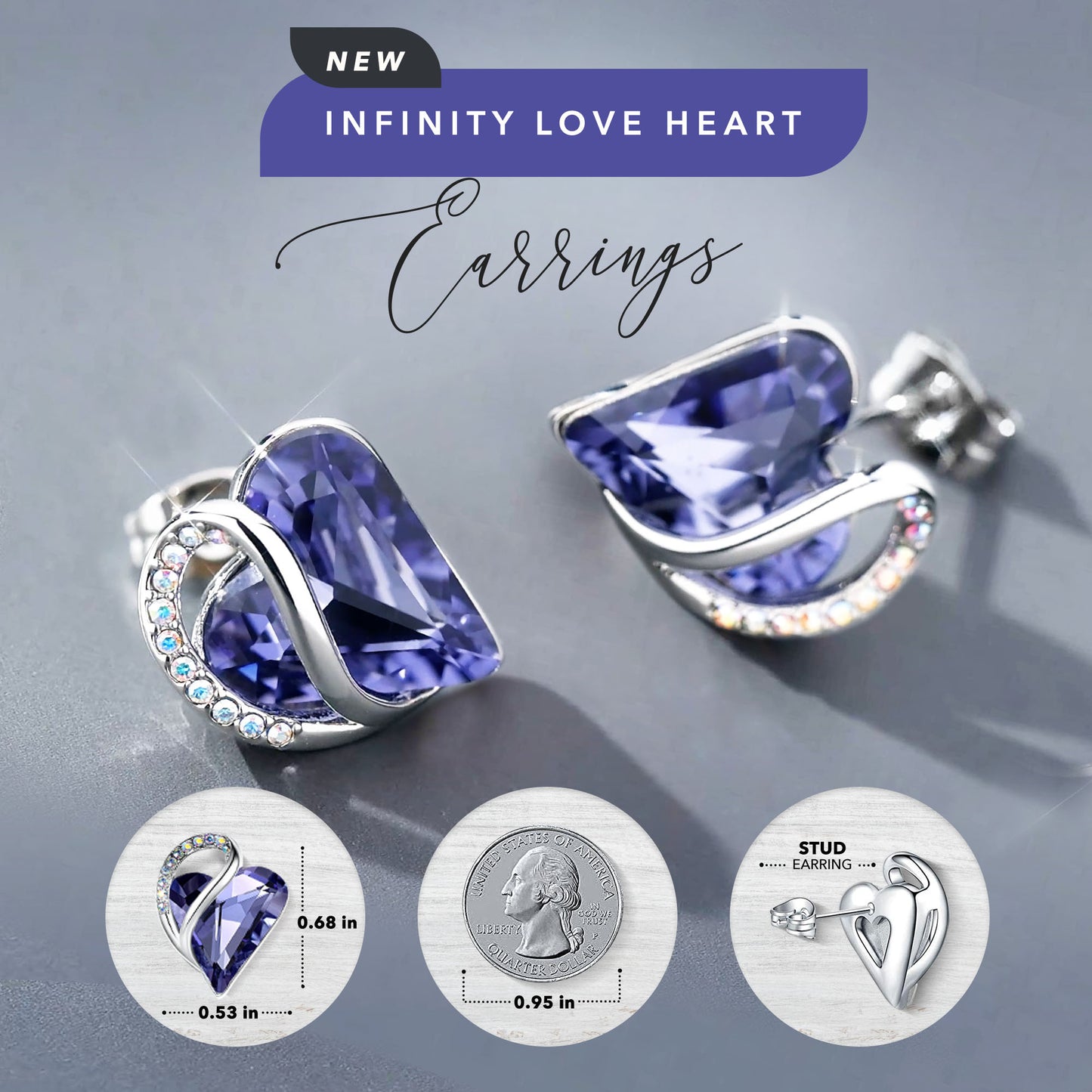 Leafael Infinity Love Heart Stud Earrings with Birthstone Crystal Women's Gifts, Silver-tone