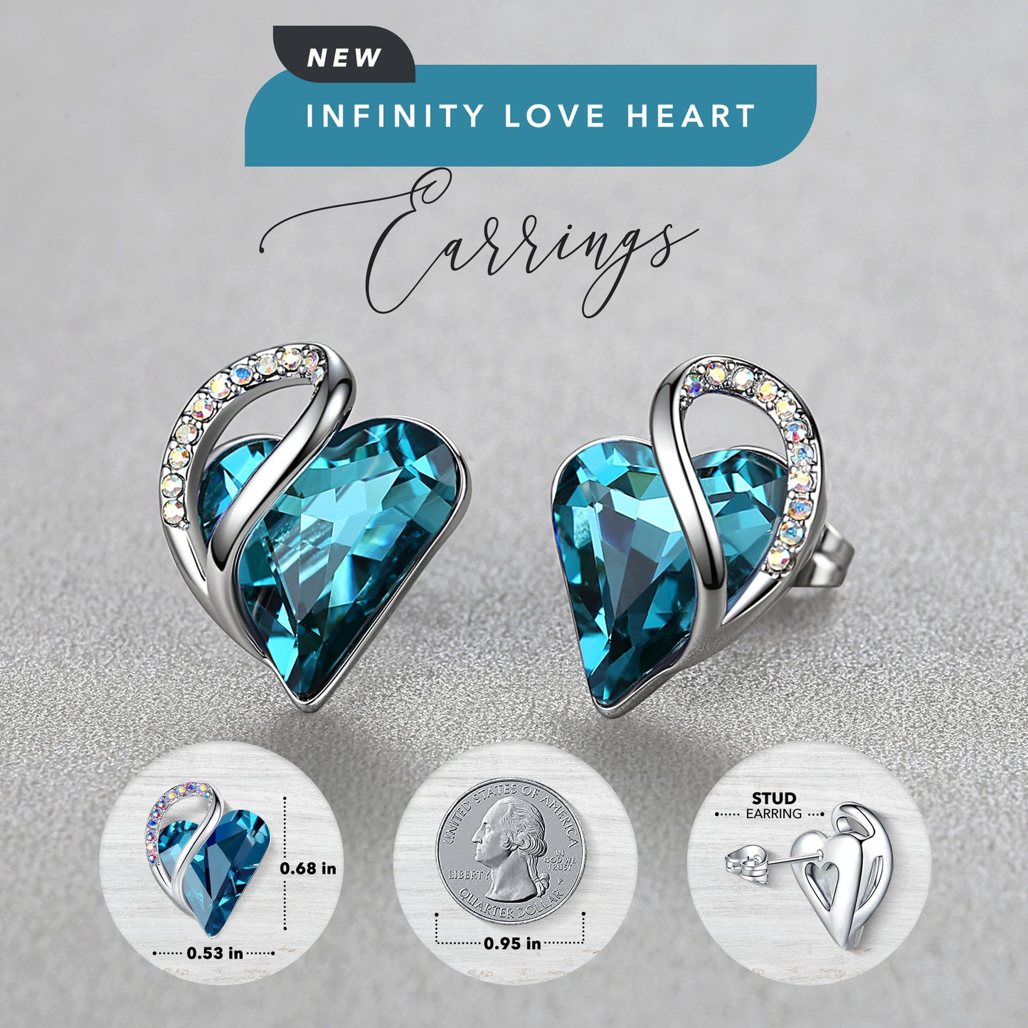 Leafael Infinity Love Heart Stud Earrings with Birthstone Crystal Women's Gifts, Silver-tone