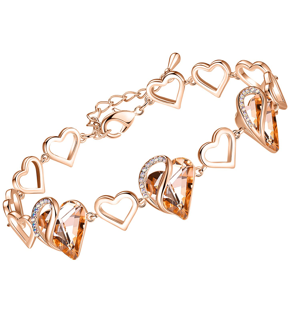 Leafael 18K Rose Gold Plated Love Heart Link Bracelet with Healing Stone Crystal Jewelry Gifts for Women, 7" Chain + 2" Extender