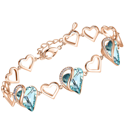 Leafael 18K Rose Gold Plated Love Heart Link Bracelet with Healing Stone Crystal Jewelry Gifts for Women, 7" Chain + 2" Extender