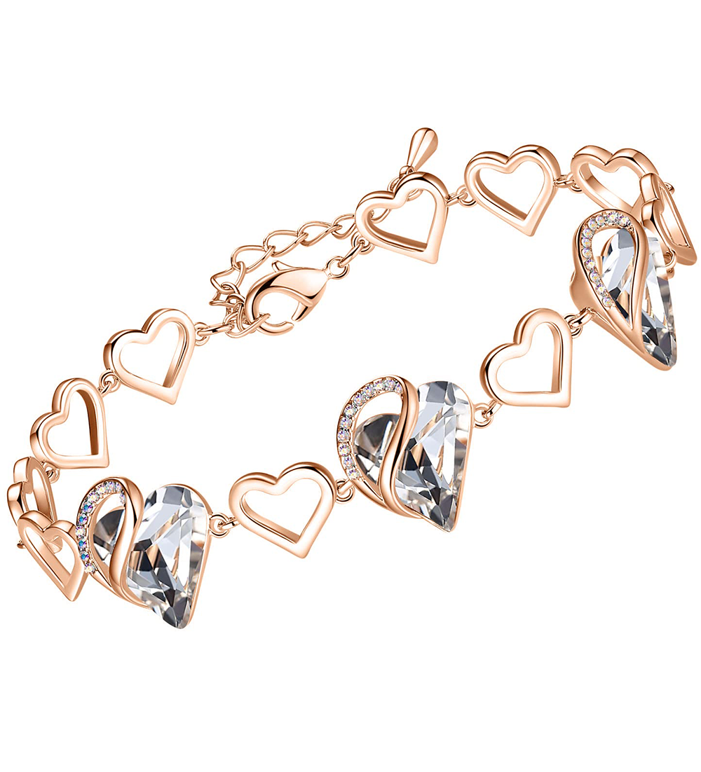 Leafael 18K Rose Gold Plated Love Heart Link Bracelet with Healing Stone Crystal Jewelry Gifts for Women, 7" Chain + 2" Extender