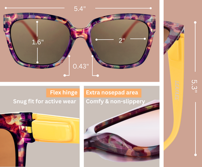 Sunglasses Womens Trendy Retro Purple Floral Design | Polarized UV Protection | Square Cat Eye Frame | Casual & Active