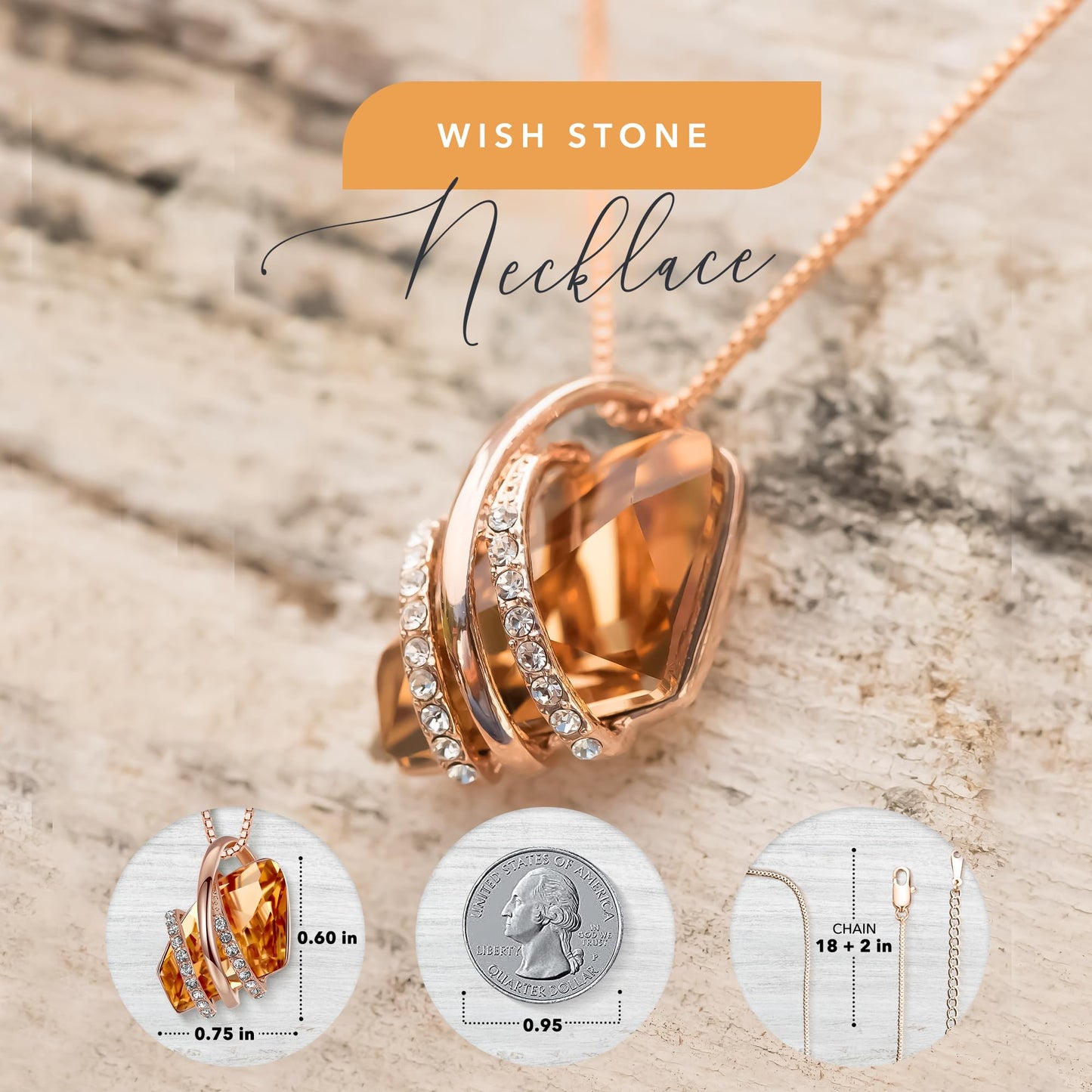 Leafael Wish Stone Pendant Necklace with Birthstone Crystal, 18K Rose Gold Plated/Silvertone, 18" + 2"