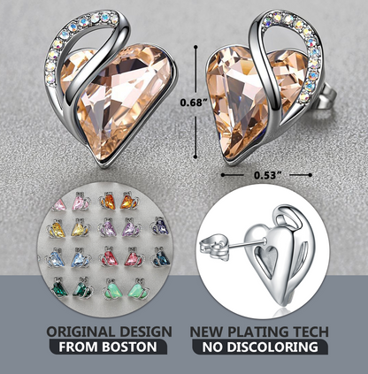 Leafael Infinity Love Heart Stud Earrings with Birthstone Crystal Women's Gifts, Silver-tone