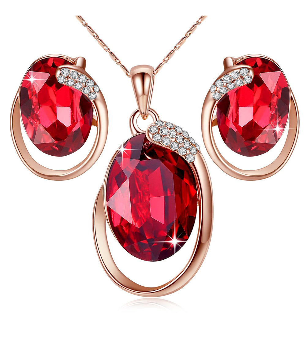 Leafael [Presented by Miss New York Austrian Crystal Rose Gold Plated Oval Double Circle Shape Red Magma Jewelry Set Earrings Pendant Necklace, 18" +