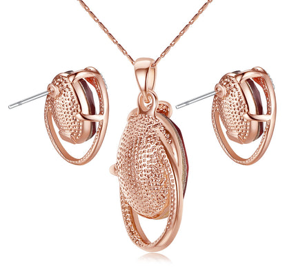 Leafael [Presented by Miss New York Austrian Crystal Rose Gold Plated Oval Double Circle Shape Red Magma Jewelry Set Earrings Pendant Necklace, 18" +